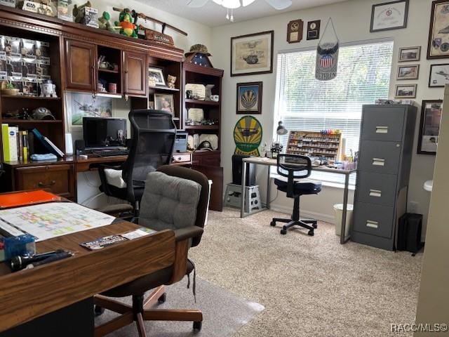 home office featuring light colored carpet and ceiling fan