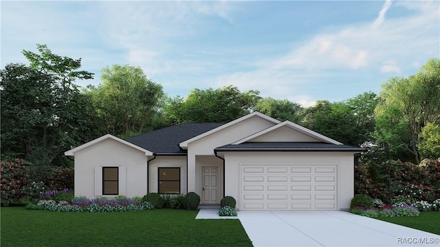 ranch-style home featuring a garage, stucco siding, concrete driveway, and a front yard