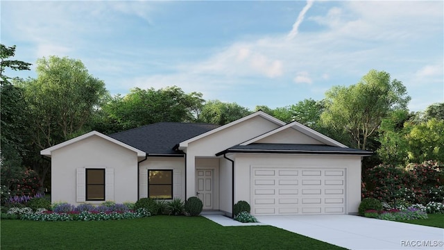 ranch-style home featuring a garage, driveway, a front lawn, and stucco siding