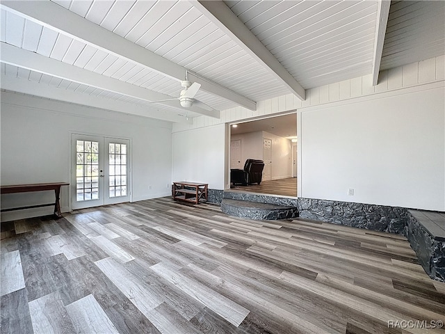 interior space featuring french doors, wood ceiling, ceiling fan, wood finished floors, and beamed ceiling