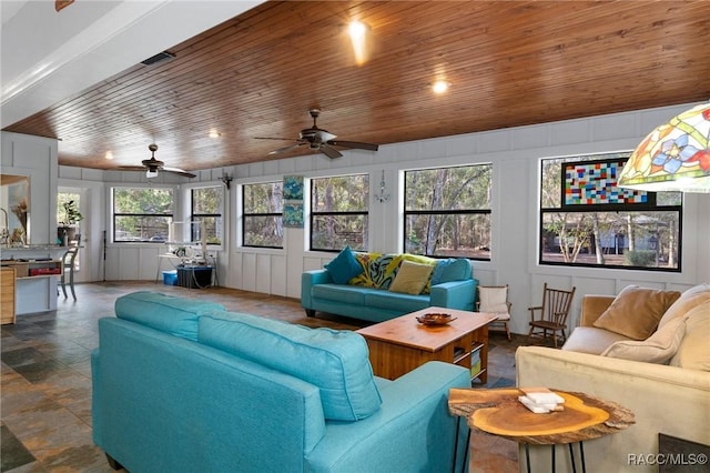 living room featuring ceiling fan and wooden ceiling