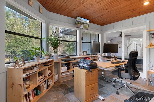 office space featuring plenty of natural light, wooden ceiling, and ceiling fan