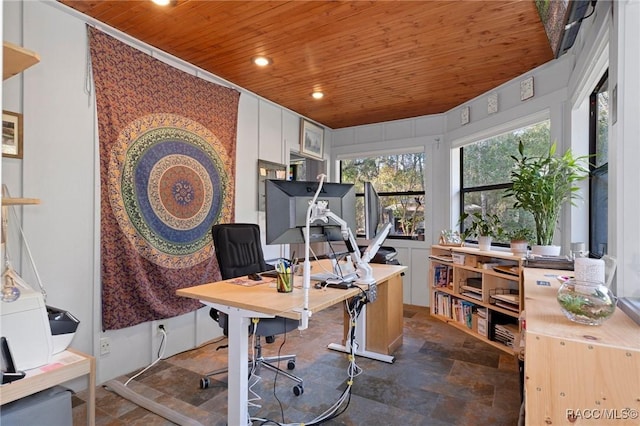 office area with wood ceiling