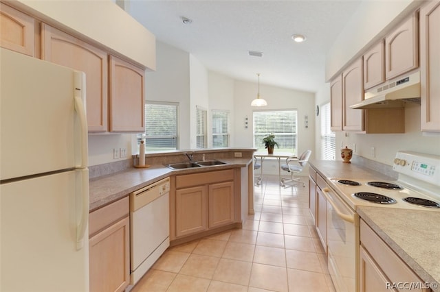 kitchen with pendant lighting, lofted ceiling, white appliances, sink, and light brown cabinetry