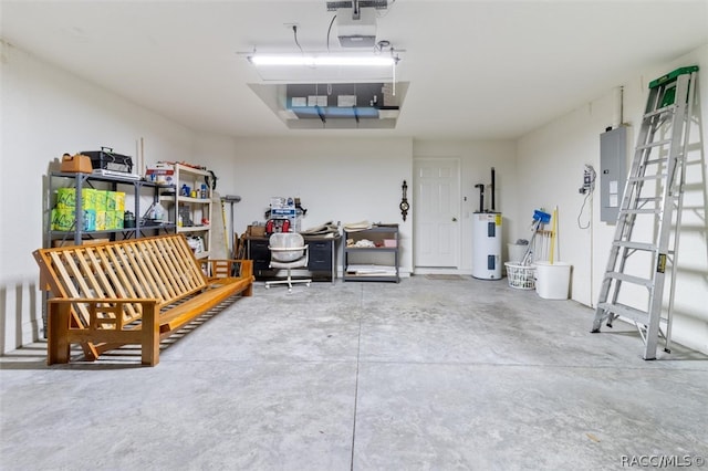 garage with electric panel and water heater