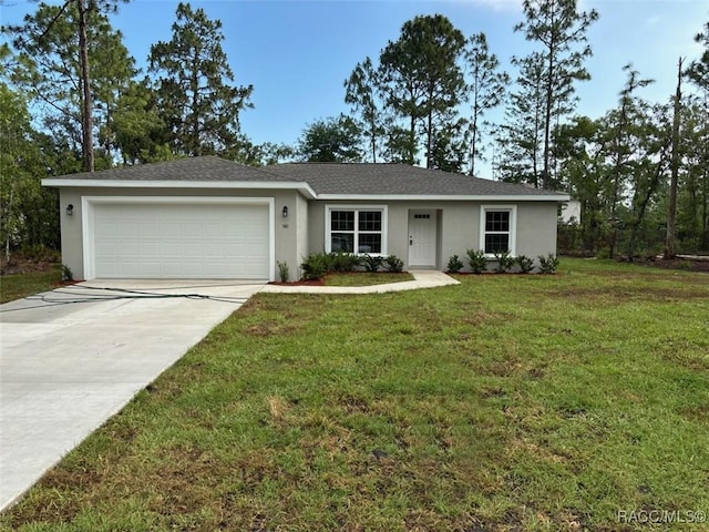 581 W Fortune Ln, Citrus Springs, FL 34434 - single story home with stucco siding, an attached garage, driveway, and a front lawn