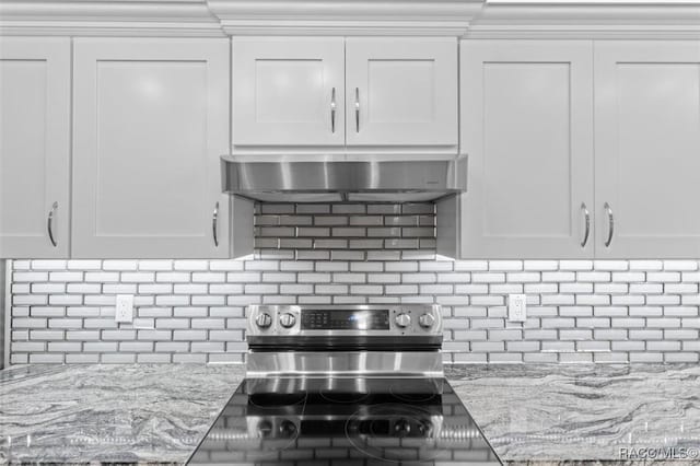 details featuring stainless steel electric range oven, white cabinetry, and exhaust hood