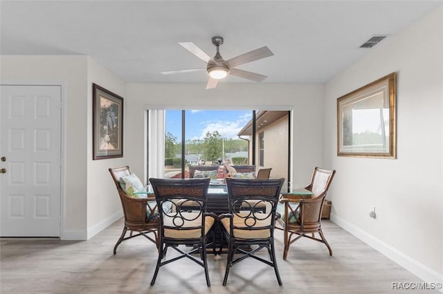 dining room with ceiling fan and light hardwood / wood-style floors