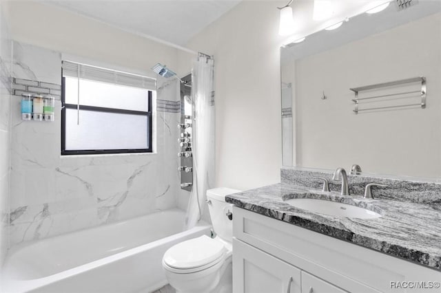 full bathroom with vanity, shower / bath combination with curtain, and toilet