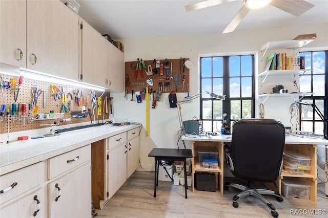 kitchen with ceiling fan and light hardwood / wood-style floors