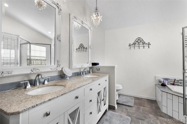 bathroom featuring lofted ceiling, toilet, an enclosed shower, an inviting chandelier, and vanity