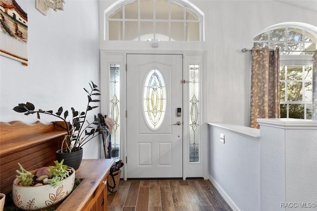 entryway with a high ceiling, a healthy amount of sunlight, and dark hardwood / wood-style floors