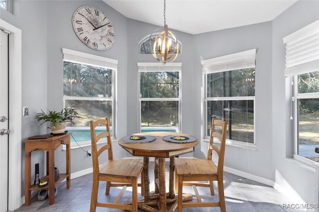 dining area with lofted ceiling and a notable chandelier