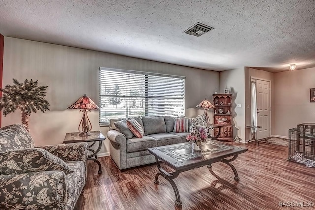 living room with a textured ceiling and hardwood / wood-style flooring