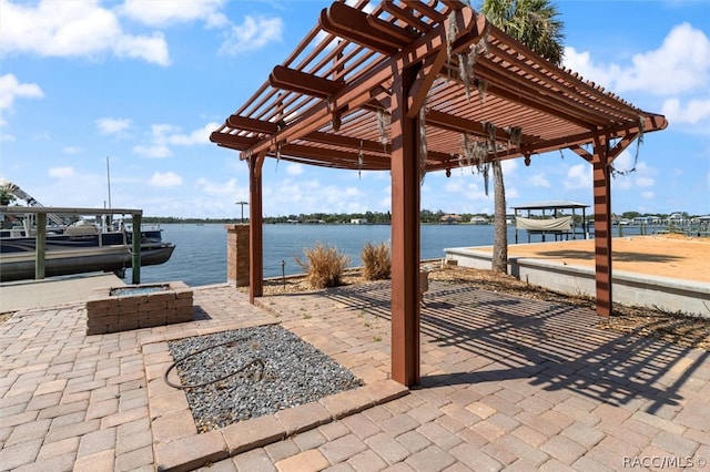 view of dock featuring a pergola and a water view