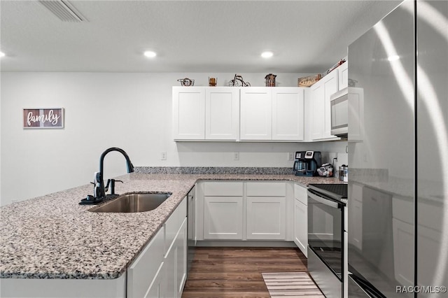 3192 W Barberton Pl, Citrus Springs, FL 34434 - kitchen with appliances with stainless steel finishes, a sink, a peninsula, dark wood finished floors, and recessed lighting