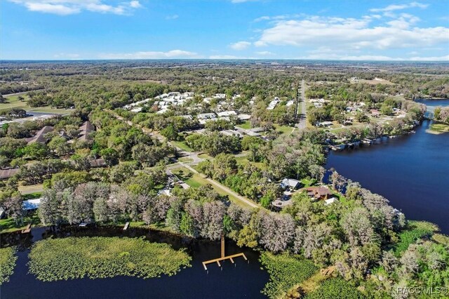 drone / aerial view featuring a view of trees and a water view