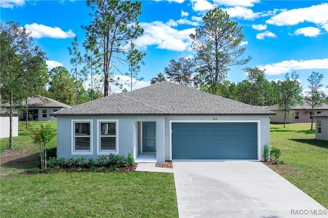 single story home with a garage and a front yard