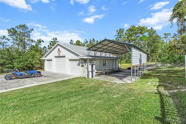 view of parking featuring a lawn, a garage, and a carport