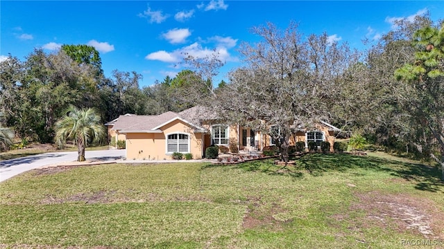 obstructed view of property featuring stucco siding and a front yard