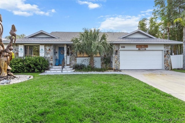 single story home with a garage, concrete driveway, a front lawn, and stone siding