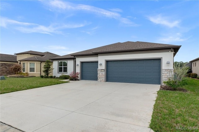 view of front of property featuring concrete driveway, stone siding, an attached garage, a front yard, and stucco siding