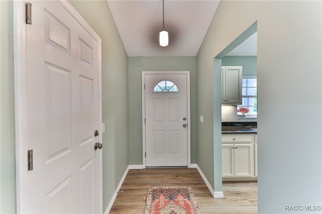 foyer entrance with a healthy amount of sunlight, a textured ceiling, and light wood-type flooring