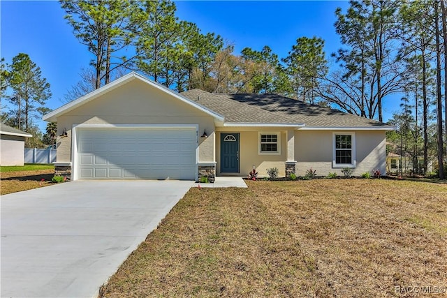 ranch-style home with stucco siding, an attached garage, driveway, and a front yard