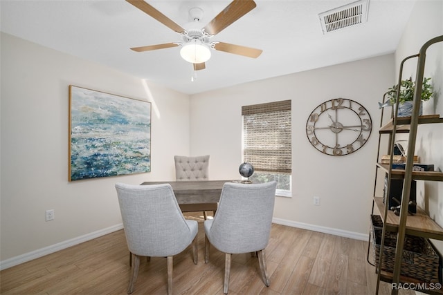 dining room with ceiling fan and light wood-type flooring