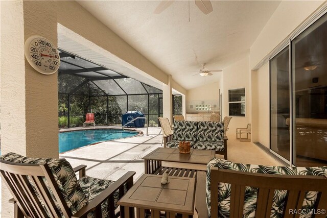 5799 N Oakmont Dr, Beverly Hills, FL 34465 - outdoor pool with ceiling fan, a patio, outdoor lounge area, and a lanai