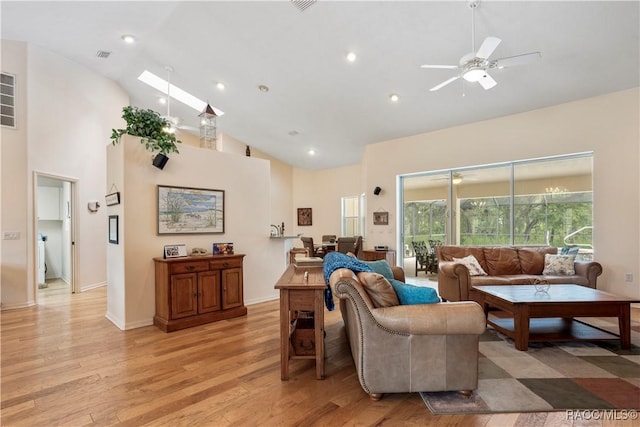 5799 N Oakmont Dr, Beverly Hills, FL 34465 - living room featuring high vaulted ceiling, ceiling fan, light wood finished floors, and recessed lighting