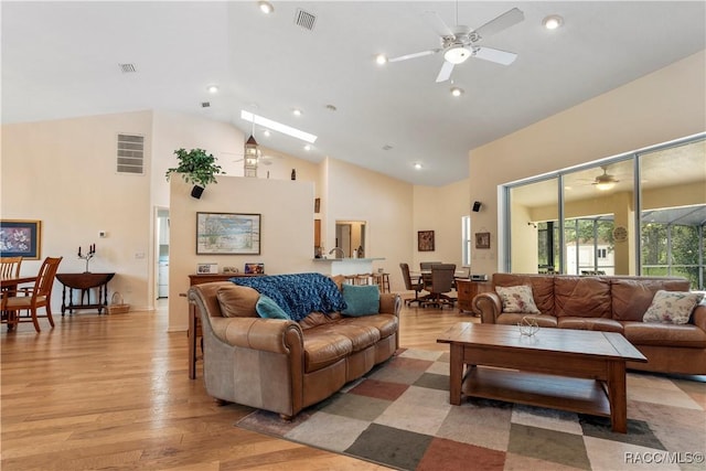 5799 N Oakmont Dr, Beverly Hills, FL 34465 - living room with a ceiling fan, high vaulted ceiling, light wood-type flooring, and recessed lighting