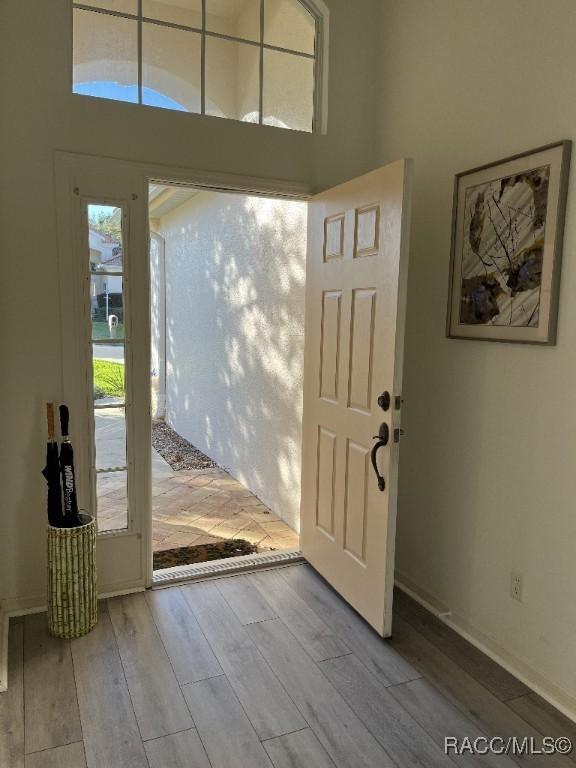 doorway with a high ceiling and light wood-type flooring