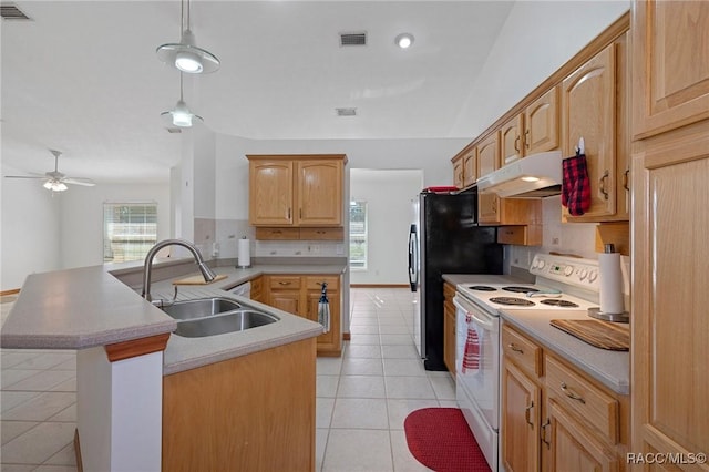 kitchen featuring ceiling fan, sink, white electric range oven, kitchen peninsula, and light tile patterned floors