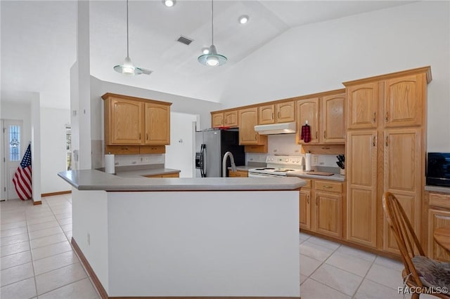 kitchen featuring stainless steel fridge with ice dispenser, light tile patterned floors, decorative light fixtures, and white range with electric stovetop