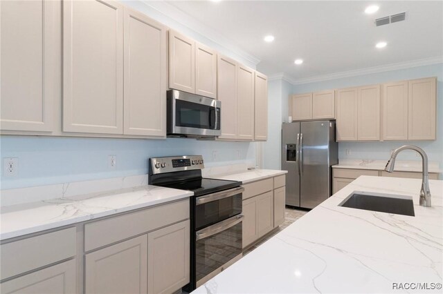 kitchen with visible vents, a sink, stainless steel appliances, and crown molding