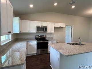 kitchen with white cabinets, sink, vaulted ceiling, light stone countertops, and appliances with stainless steel finishes