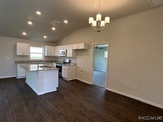 kitchen featuring lofted ceiling, white cabinets, dark hardwood / wood-style floors, an island with sink, and range