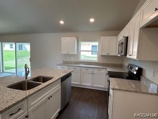 kitchen featuring white cabinetry, sink, light stone countertops, dark hardwood / wood-style floors, and appliances with stainless steel finishes