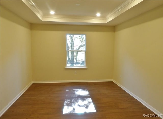 spare room featuring a raised ceiling, ornamental molding, and dark hardwood / wood-style floors