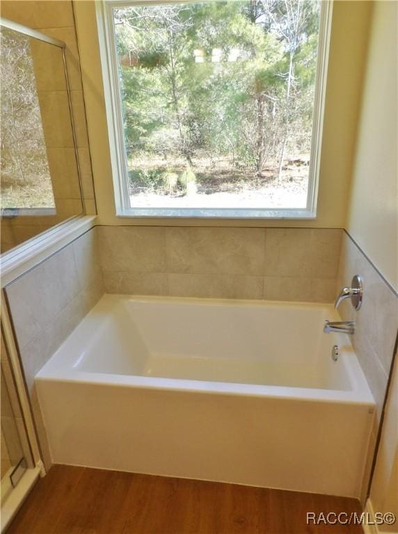 bathroom featuring plenty of natural light, independent shower and bath, and hardwood / wood-style floors