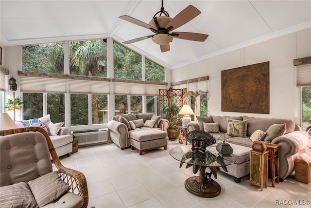 sunroom with a wall mounted air conditioner, ceiling fan, and lofted ceiling