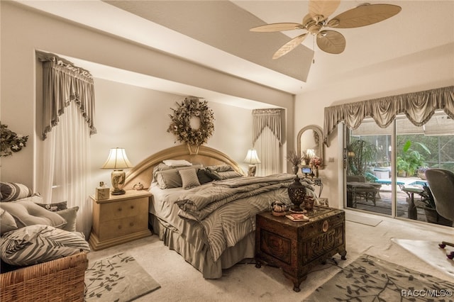 bedroom featuring access to outside, ceiling fan, and light colored carpet