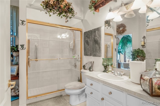 bathroom with vanity, toilet, and a shower with door