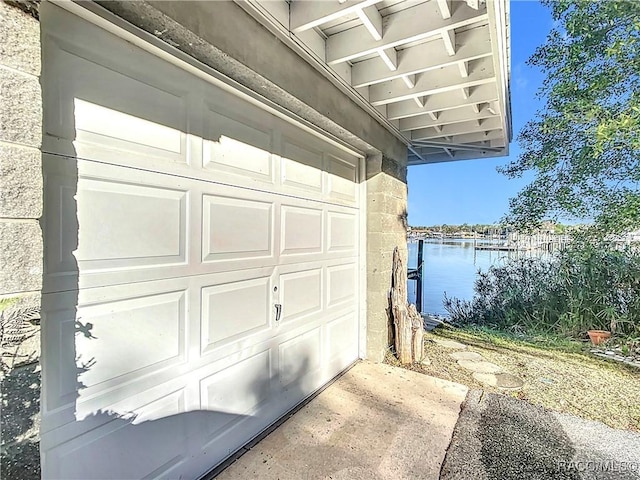 garage with a water view