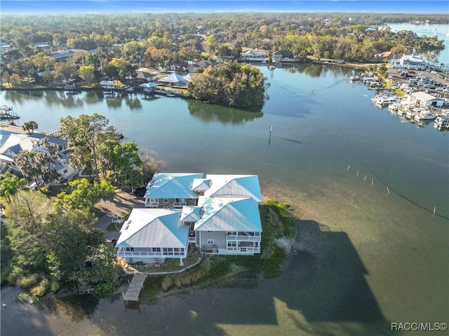 bird's eye view with a water view