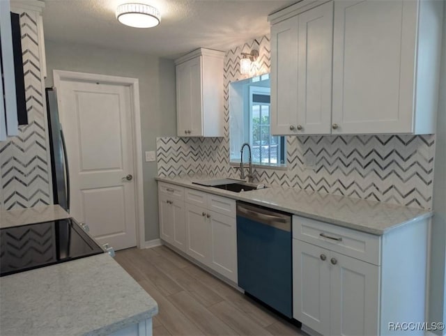 11 N Jefferson St, Beverly Hills, FL 34465 - kitchen featuring dishwashing machine, white cabinets, decorative backsplash, light wood finished floors, and electric range