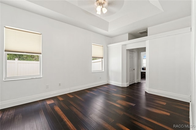 spare room featuring a raised ceiling, a healthy amount of sunlight, ceiling fan, and dark hardwood / wood-style flooring