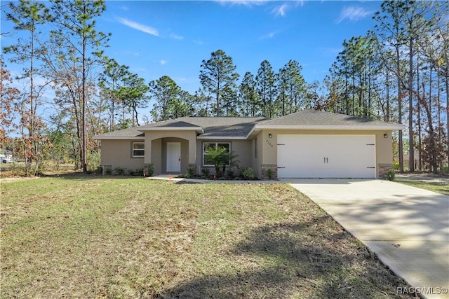 single story home featuring a front lawn and a garage