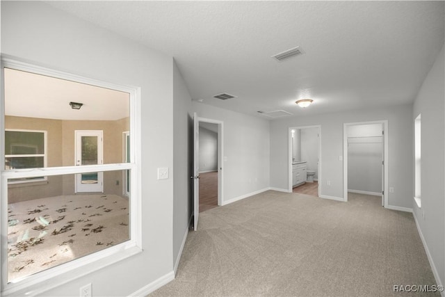 interior space with light carpet and a textured ceiling